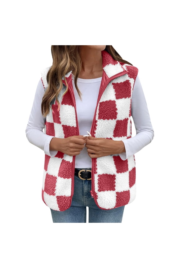 Women's Red Checkered Fleece Vest - Size XL | Warm Nylon Spandex, Sleeveless Zipper Closure | Fall Winter Casual Outerwear for Daily Matching & Outdoor Use