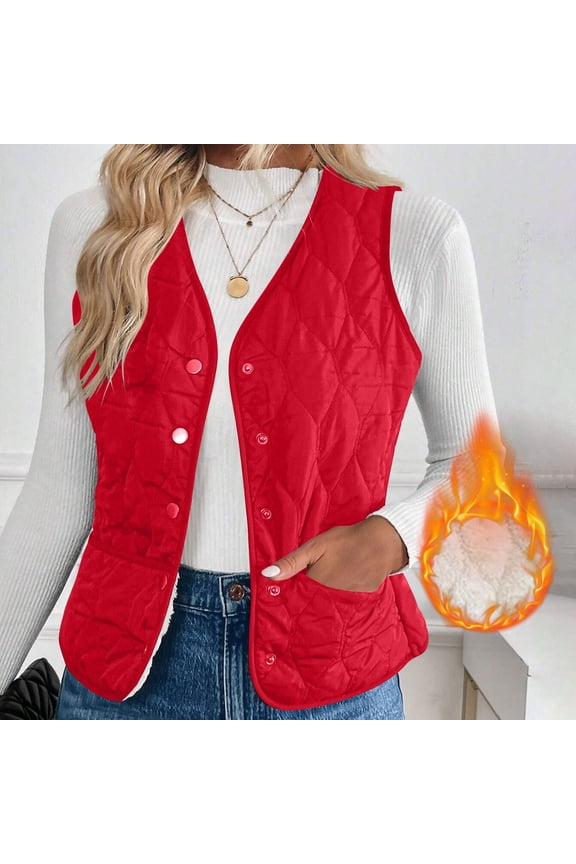 Women's Red Quilted Vest - Warm Diamond Quilted, V-Neck Sleeveless with Pockets, Button Closure, 100% Polyester, Size L - for Cool Days, Casual/Office