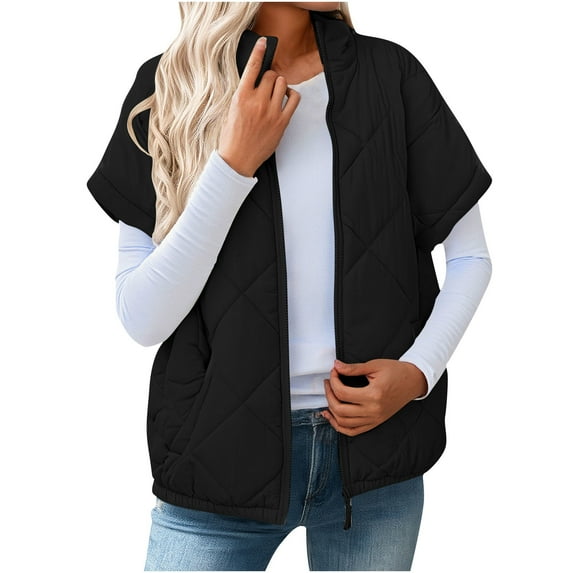 Trushirts Women's Short Sleeve Quilted Jacket - 100% Polyester, Full Zip with Pockets, Stand Collar Relaxed Fit, Warm for Spring/Autumn, Black, Size S