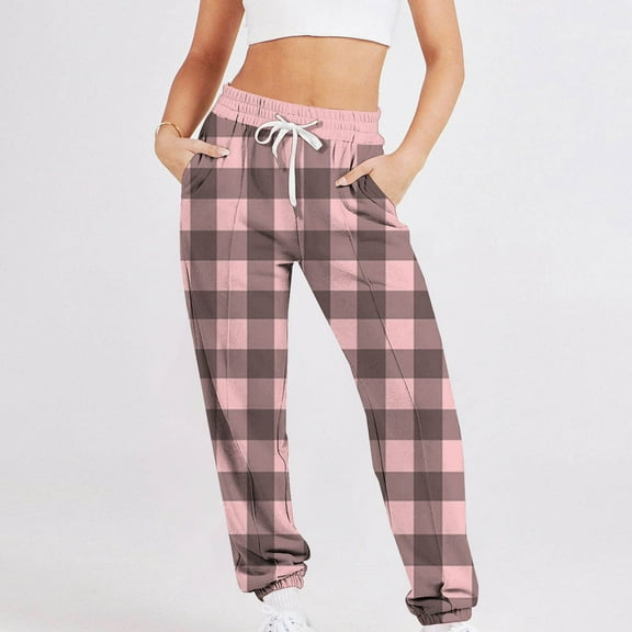Trushirts Women's Soft Pink Plaid Sweatpants - Size M, 100% Polyester Breathable, Relaxed Fit with Elastic Drawstring & Side Pockets for Lounging/Casual Outings