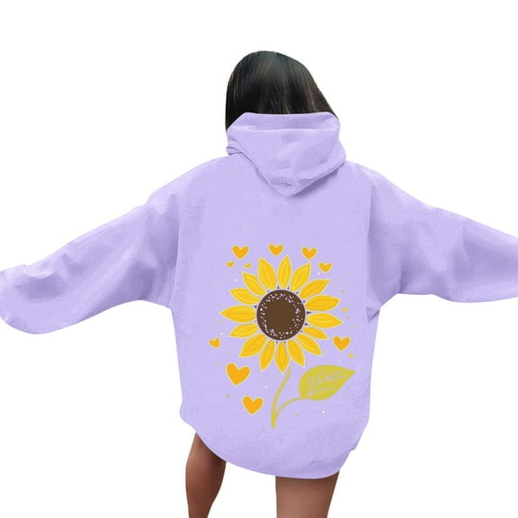 VOONCAS Women's Sunflower Hoodie - Purple, Size S, 100% Polyester, Drawstring, Cute Casual Print for Everyday Wear