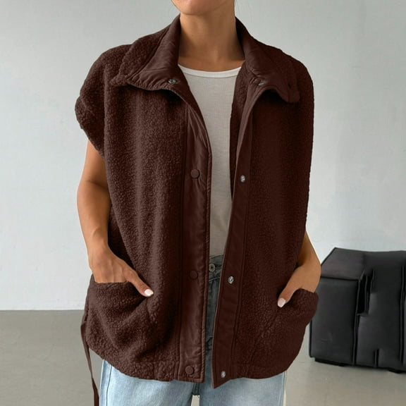 Trushirts Women's Warm Polyester Fleece Vest - Brown, Size 2XL, Collared Sleeveless with Front Pockets, Button-Front Loose Fit for Daily Wear & Layering