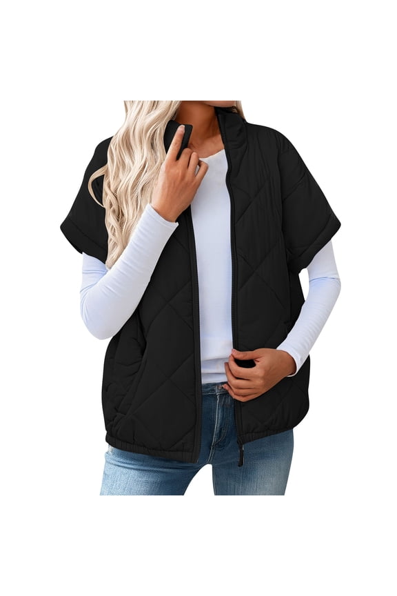 Women's Warm Quilted Short Sleeve Jacket - 100% Polyester, Relaxed Fit, Full Zip with Pockets, Stand Collar for Spring/Autumn, Black, Size XL