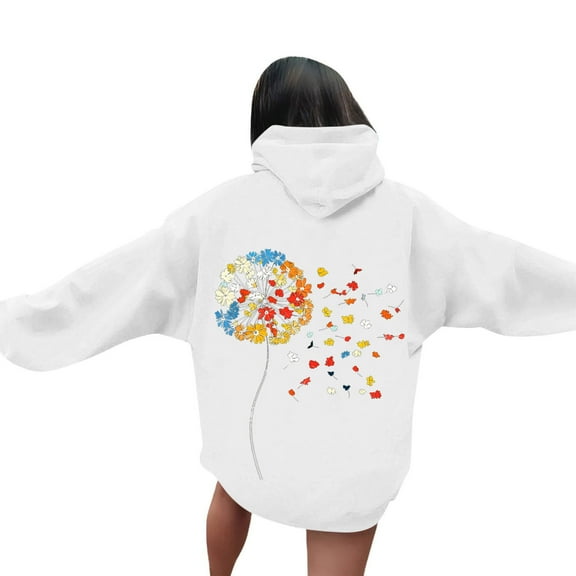 VOONCAS Women's White Floral Hoodie - Dandelion Print, 2XL Plus Size, 100% Polyester, Relaxed Fit - Trendy Casual & Loungewear
