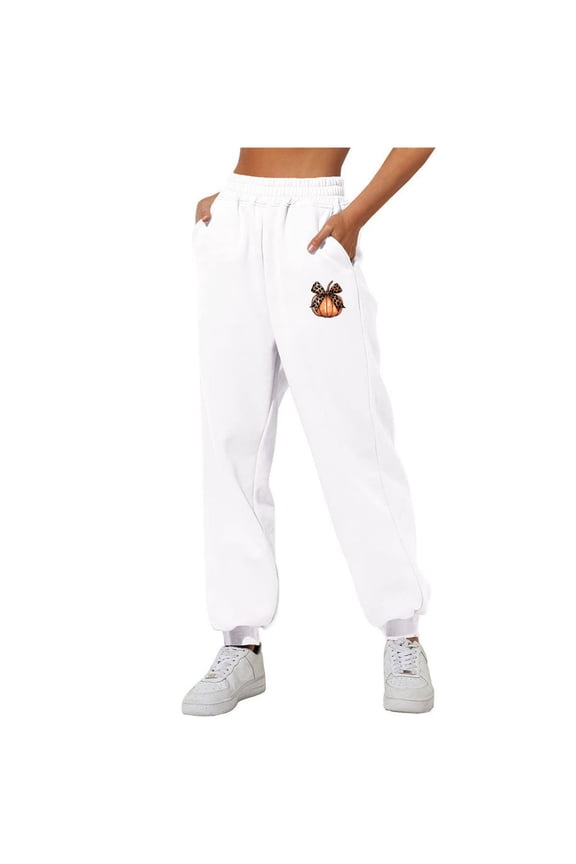 Trushirts Women's White Pumpkin Pattern Sweatpants - Polyester, Loose Tapered Leg with Cuffed Ankle, Elastic Waist & Side Pockets, Casual/Loungewear, Size 2XL