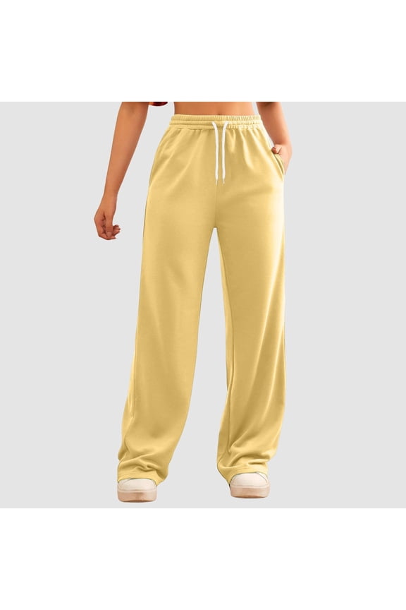 Women's Wide Leg Casual Pants - 100% Polyester, Elastic Waist with Drawstring, Side Pockets, Breathable, Size M Yellow, Ideal for Daily Errands/Home Wear