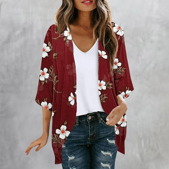 Trushirts Women’s Wine Floral Kimono Cardigan - 100% Polyester, 3/4 Sleeves, Boho Loose Fit, Lightweight for Spring/Summer, Mid-Length, Open-Front, S-XXL,Size L