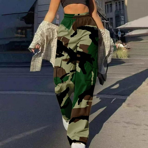 VOONCAS Women's XL Army Green Camouflage Cargo Pants - 100% Polyester Breathable, Elastic Waist with Drawstring, Multi-Pockets, Loose Fit for Streetwear/Daily Use