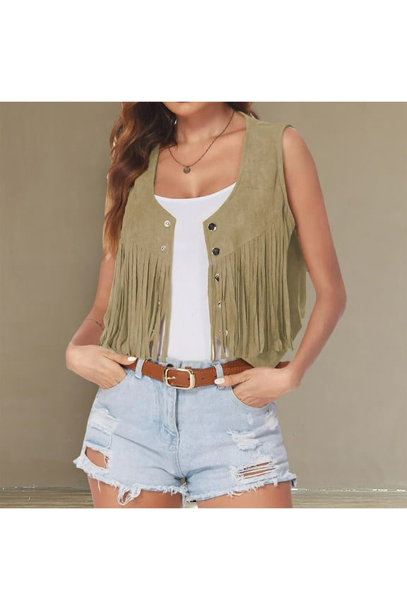 Womens Beige Bohemian Fringed Vest - 100% Polyester Open-Front Sleeveless, Suede-Like Texture, S-XXL, Casual Boho-Chic for Spring/Fall,Size L