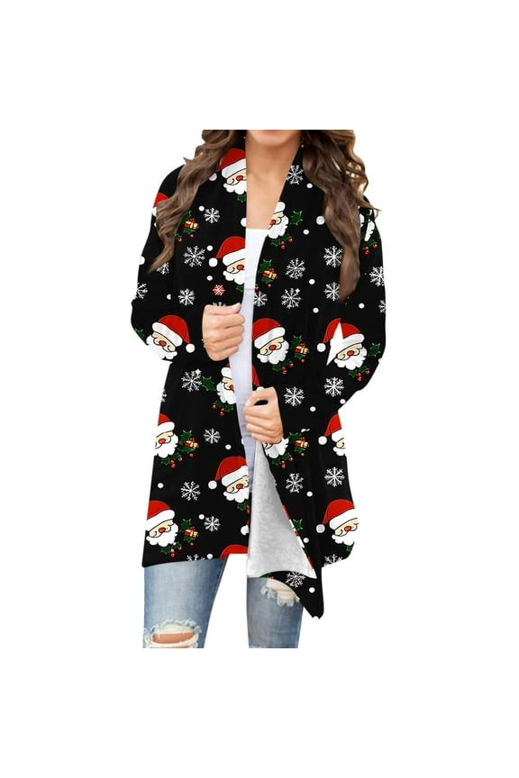 Trushirts Womens Black Christmas Cardigan - Open-Front Mid-Length, Polyester Spandex with Santa Snowflakes, Cozy Holiday Layering, S-XXL,Size S