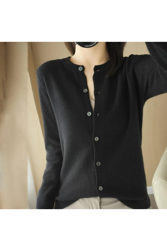 Womens Black Knit Cotton Cardigan - Crew Neck Single Breasted Button-Front, Soft Breathable, Layerable for Spring/Fall/Winter, S-XXL,Size 2XL