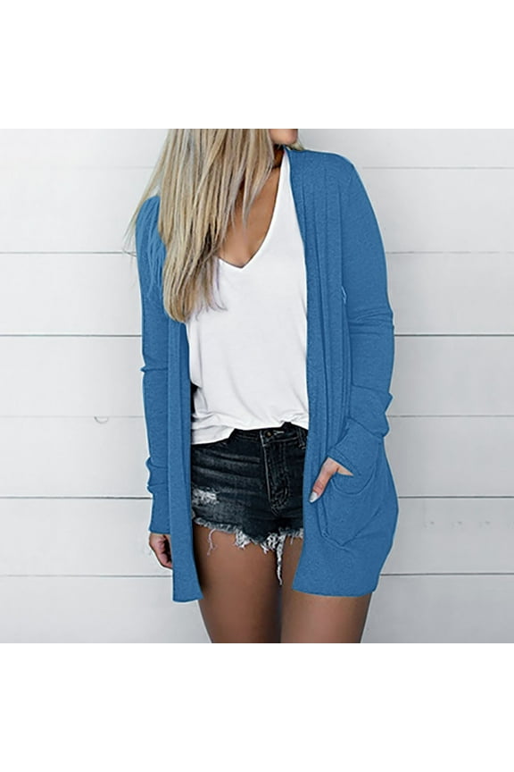 Trushirts Womens Blue Open Front Cardigan - Ultra Soft Stretchy 95% Polyester 5% Spandex with Side Pockets, Mid-Length Loose Fit, S/M/L/XL/XXL,Size L
