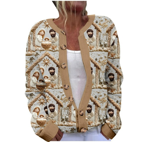 Trushirts Womens Christmas Cardigan - Nativity Scene Print 100% Polyester Soft Easy Care, Size S-XXXXXL Multicolor for Holiday Parties & Daily Wear,Size L