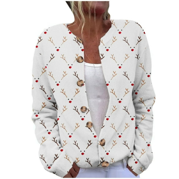 Trushirts Womens Christmas Reindeer Print Cardigan - 100% Polyester Machine-Washable, Plus Size S-XXXXXL, Long Sleeve Button-Front, Multicolor for Fall Winter,Size S