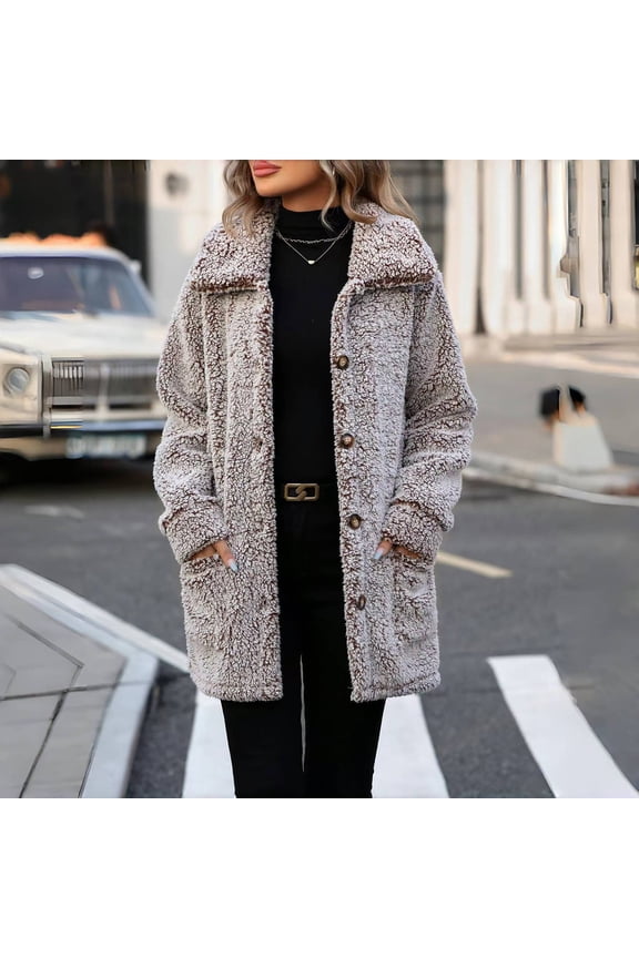 Trushirts Womens Coffee Fuzzy Coat - Warm 100% Polyester Outerwear for Fall Winter, Mid-Length with Notched Collar, Patch Pockets & Button Front, Casual Stylish,Size XL