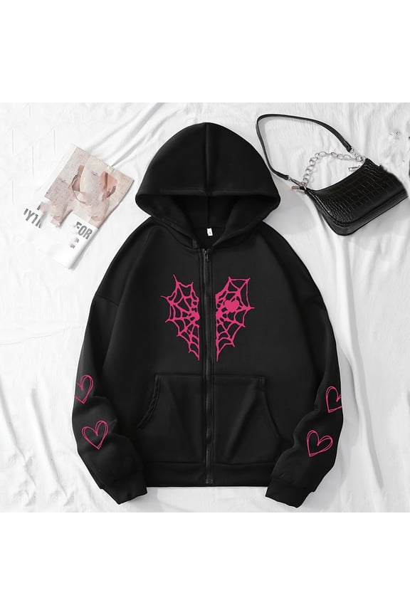 Womens Dark Gray Full Zip Hoodie - Oversized, Spider Web Heart Print, 100% Polyester Soft with Kangaroo Pocket, Warm for Spring/Fall/Winter, S-XXXL,Size S