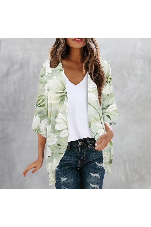 Trushirts Womens Floral Kimono Cardigan Army Green - 100% Polyester Lightweight Open Front 3/4 Sleeve Oversized Relaxed Fit S-XXL Summer Beach Cover-Up,Size L