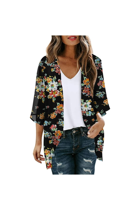 Womens Floral Kimono Cardigan - Lightweight 100% Polyester, Open-Front 3/4 Sleeves, Black, S-XXXXXL, Boho Casual for Daily/Beach/Office Layering,Size M
