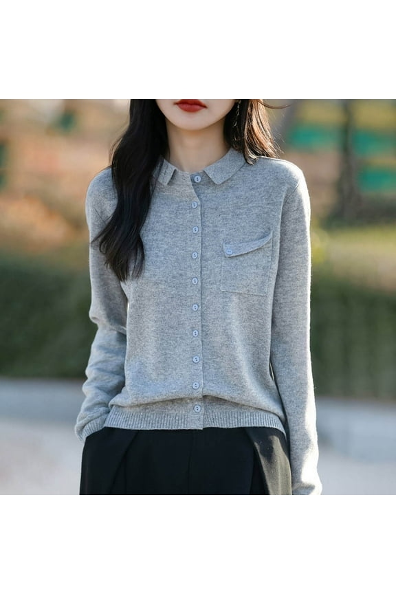Womens Gray Acrylic Cardigan - Button-Down Polo Collar, Long Sleeve Relaxed Fit with Chest Pocket, Soft Versatile for Casual/Office/Layering, Sizes M/L/XL/XXL,Size M