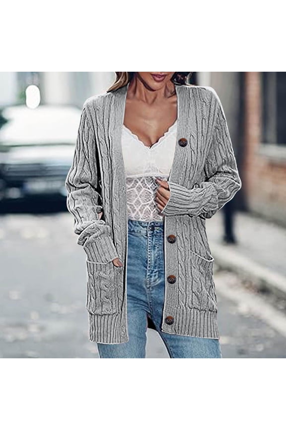 Womens Gray Cotton Cable Knit Cardigan - V-Neck with Front Pockets, Button Closure, Long Sleeve Mid-Length, Plus Size (S-XXXXXL) for Casual/Loungewear,Size 4XL