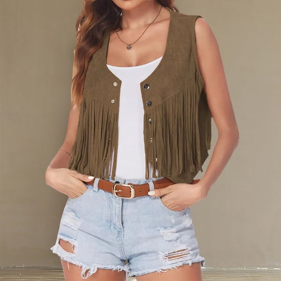 Trushirts Womens Green Bohemian Fringed Vest - 100% Polyester Open-Front Sleeveless, Suede-Like Texture, S-XXL, Casual Boho-Chic for Spring/Fall Layering,Size XL