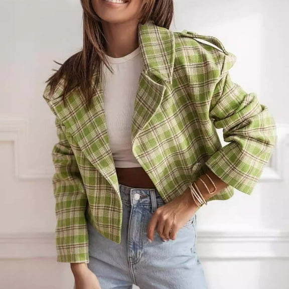 Trushirts Womens Green Plaid Cropped Jacket - 100% Polyester, Relaxed Fit with Oversized Collar, Wrinkle-Resistant Casual Outerwear for Spring Fall,Size S