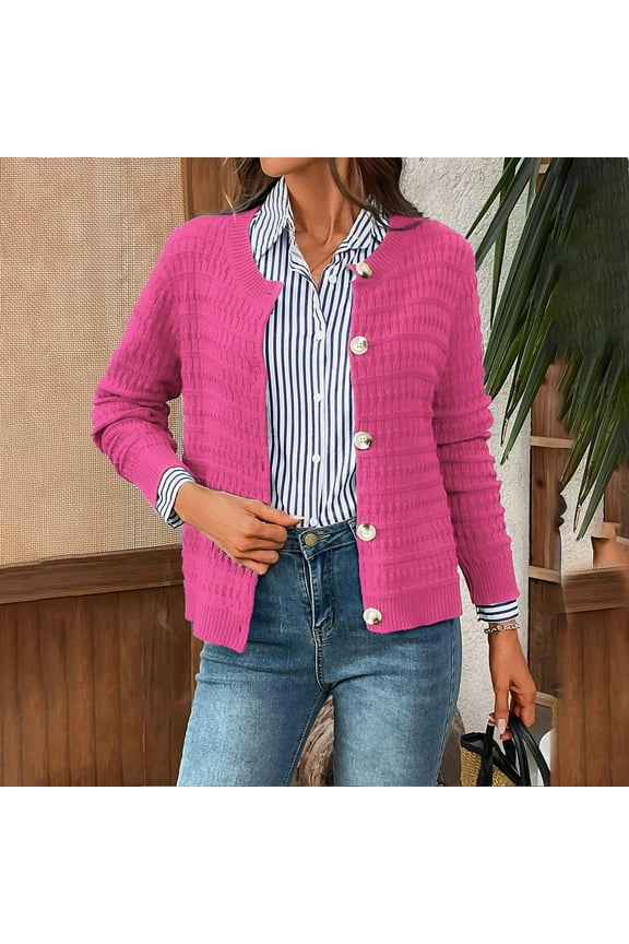 Womens Hot Pink Acrylic Cardigan, Button-Front Round Neck Long Sleeve, Soft Cozy Relaxed Fit, S/M/L/XL for Spring Autumn Daily Office Casual Wear,Size M