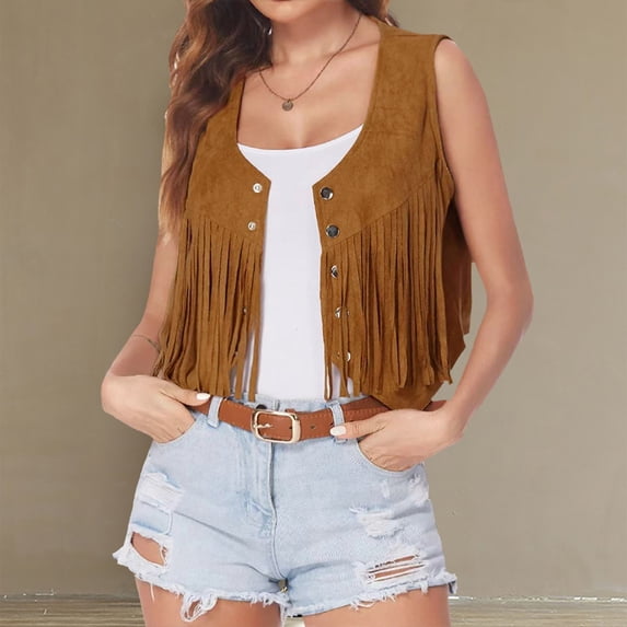Trushirts Womens Khaki Bohemian Fringed Vest - 100% Polyester Open-Front Sleeveless, Suede-Like Texture, S-XXL, Casual Layering for Spring/Fall,Size L