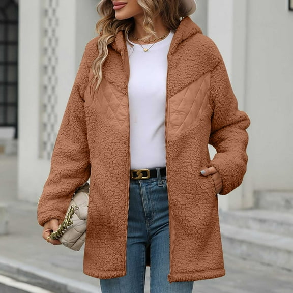 Trushirts Womens Khaki Mid-Length Hooded Sherpa Winter Coat - Quilted Panels, Full-Zip, Side Pockets, Relaxed Fit for Fall/Winter,Size 2XL