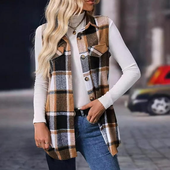 Trushirts Womens Khaki Plaid Sleeveless Shacket 100% Polyester Machine Washable S-XXL Plus Size Fall Layering Casual Chic for Daily Wear,Size M