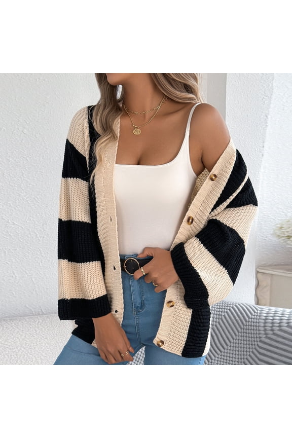 Womens Khaki Striped Cardigan - Premium Acrylic Soft Cozy, Open Front Relaxed Fit with Decorative Buttons, S-XL for Spring Fall Layering Casual Daily Wear,Size S