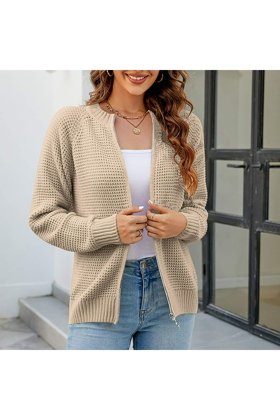 Trushirts Womens Khaki Zip Cardigan - Relaxed Fit Soft Stretchy 95% Polyester 5% Spandex, Long Sleeve Ribbed Hem Knit Outerwear for Spring Fall Casual & Semi-Casual Use,Size M