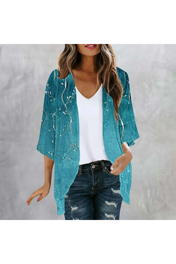 Womens Multicolor Botanical Print Kimono Cardigan - 100% Polyester, Three-Quarter Sleeves, Loose Fit, Multi-Season Beach Cover-Up Casual Wear,Size 2XL