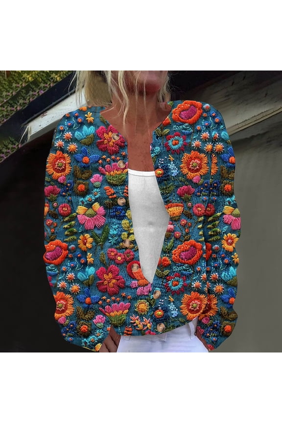 Womens Multicolor Floral Embroidered Cardigan - 100% Polyester Open Front Long Sleeve, Plus Size S-XXXXXL, Boho Lightweight Layering Top,Size M
