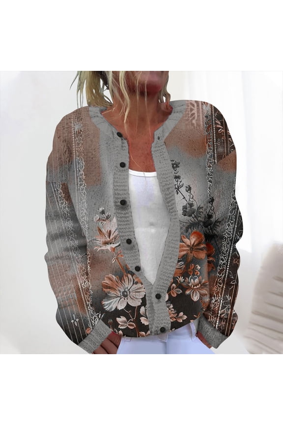 Womens Multicolor Vintage Floral Cardigan - Long Sleeve Button Front Cozy Acrylic, Plus Size (S-XXXXXL) Bohemian Retro for Spring Fall,Size 2XL