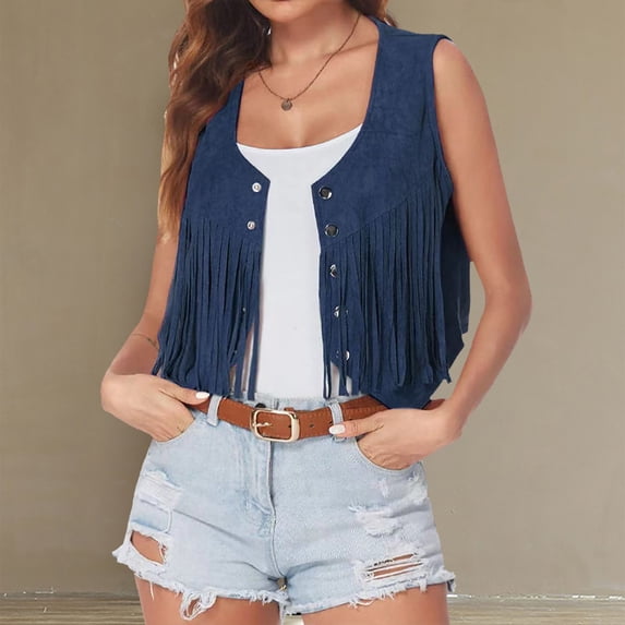 Trushirts Womens Navy Boho Fringed Vest - 100% Polyester Open-Front Sleeveless, Suede-Like Texture, S-XXL, Casual Spring/Fall Layering,Size XL