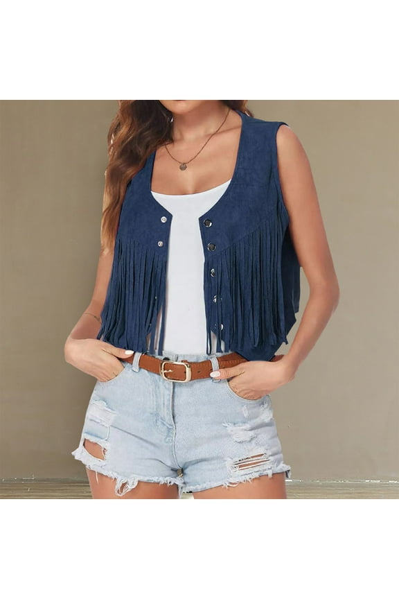 Womens Navy Boho Fringed Vest - 100% Polyester Open-Front Sleeveless, Suede-Like Texture, S-XXL, Casual Spring/Fall Layering,Size XL