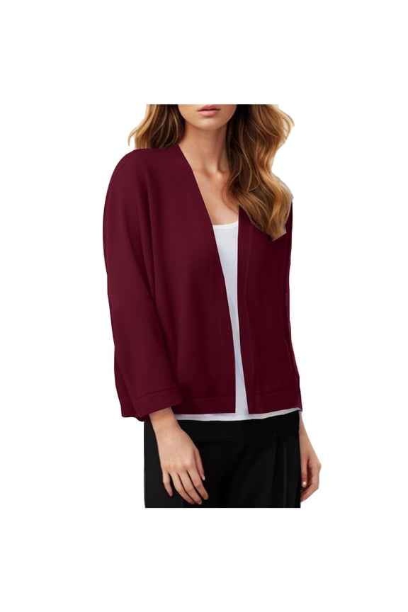 Trushirts Womens Open Front 3/4 Sleeve Cardigan - Soft Stretch Polyester Spandex, Wine, Inclusive S-XXL, Ideal for Daily & Office Layering,Size L