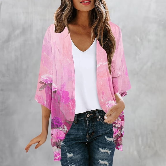 VOONCAS Womens Pink Floral Kimono Cardigan - 100% Polyester Lightweight, Open Front 3/4 Sleeves, Plus Size S-XXXXXL, for Spring/Summer Daily & Vacation,Size 5XL