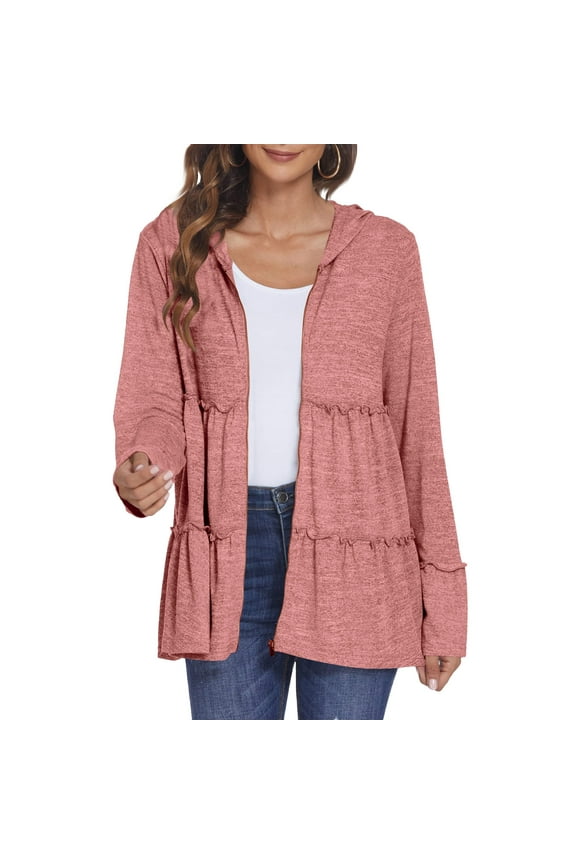 Womens Pink Full-Zip Hooded Jacket - A-Line with Tiered Ruffles & Ruffled Cuffs, Polyester Spandex Cotton Blend for Casual/Transitional Wear (S-XXL),Size XL
