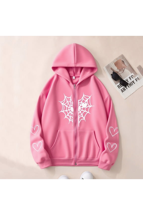 Womens Pink Full Zip Oversized Hoodie - Spider Web Heart Print, 100% Polyester Soft with Kangaroo Pocket, Warm for Spring/Fall/Winter, S-XXXL,Size M