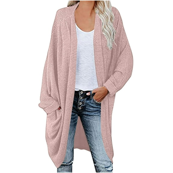 VOONCAS Womens Pink Oversized Open-Front Cardigan - Soft Acrylic Waffle Knit with Pockets, Batwing Sleeves for Spring & Fall Casual Wear,Size 2XL
