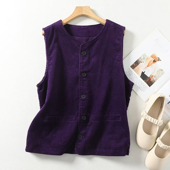 Trushirts Womens Purple Corduroy Vest, 98% Cotton 2% Spandex Sleeveless Button-Front with Pockets, Relaxed Fit Vintage Casual Layering Vest, Sizes M-XXL,Size M