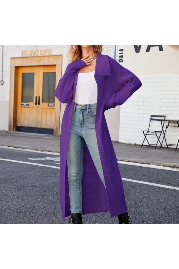 Womens Purple Long Knit Cardigan - Cozy Oversized Maxi, Polyester Spandex Stretch, Open-Front Collared, Ribbed Cuff, S-XXXL for Spring/Autumn,Size L
