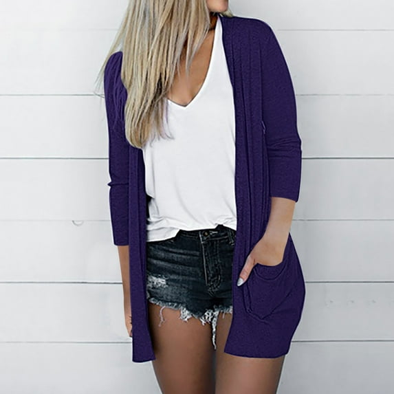 VOONCAS Womens Purple Open Front Cardigan - Soft Stretch Polyester-Spandex, 3/4 Sleeves, Loose Fit with Pockets (S-XXL) for Casual/Spring Fall,Size S