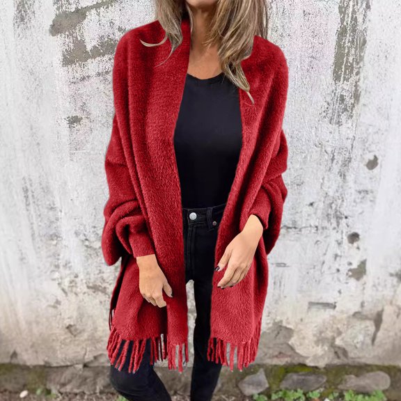 VOONCAS Womens Red Soft Flock Coat - Fall Winter Warm Oversized Open-Front with Fringe Hem, Extended Sizes S-XXXXXL, Casual Elegant Outerwear,Size S