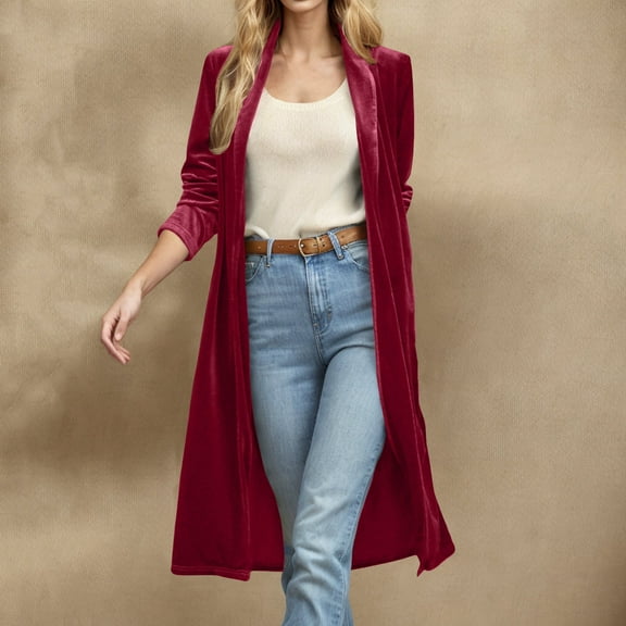Trushirts Womens Red Velvet Duster Cardigan - 100% Polyester, Long Fall Winter Warm Layering, Open-Front 3/4 Sleeves, S-XXL Sizes for Daily/Casual/Office Outfits,Size 2XL