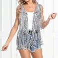 thumbnail image 1 of Trushirts Womens Silver Fringe Sequin Sleeveless Vest - Stretchy Nylon Spandex, Open-Front with Studs, Glamorous for Festival Concert Night Out,Size L, 1 of 5