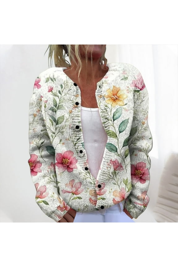 Womens Soft Acrylic Floral Print Cardigan - White, Button-Front Round Neck, Plus Size S-XXXXXL, Layering Piece for Spring Autumn Casual Office Daily Wear,Size 5XL