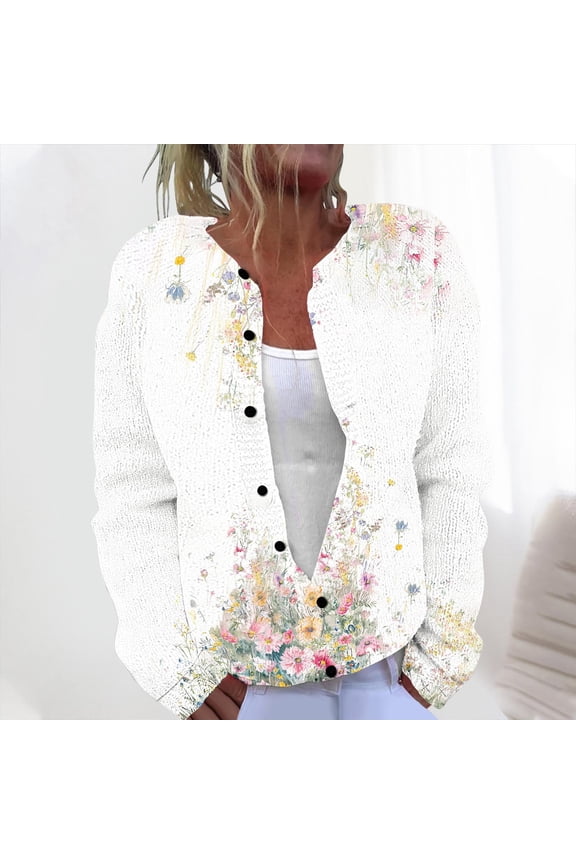 Womens Soft Acrylic Open Front Cardigan - White Floral Print, Long Sleeve Round Neck, S-XXXXXL Plus Size, Casual Bohemian Light Layer for Spring/Autumn,Size M